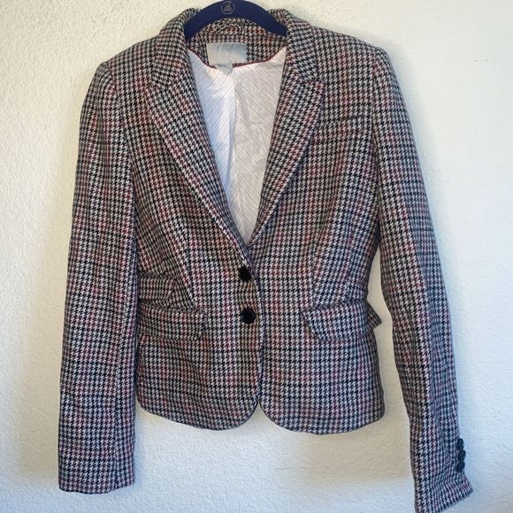 H&M Houndstooth Jacket School Blazer Sz8 Womens Red/Olive Dark Academia Wool - Picture 1 of 13